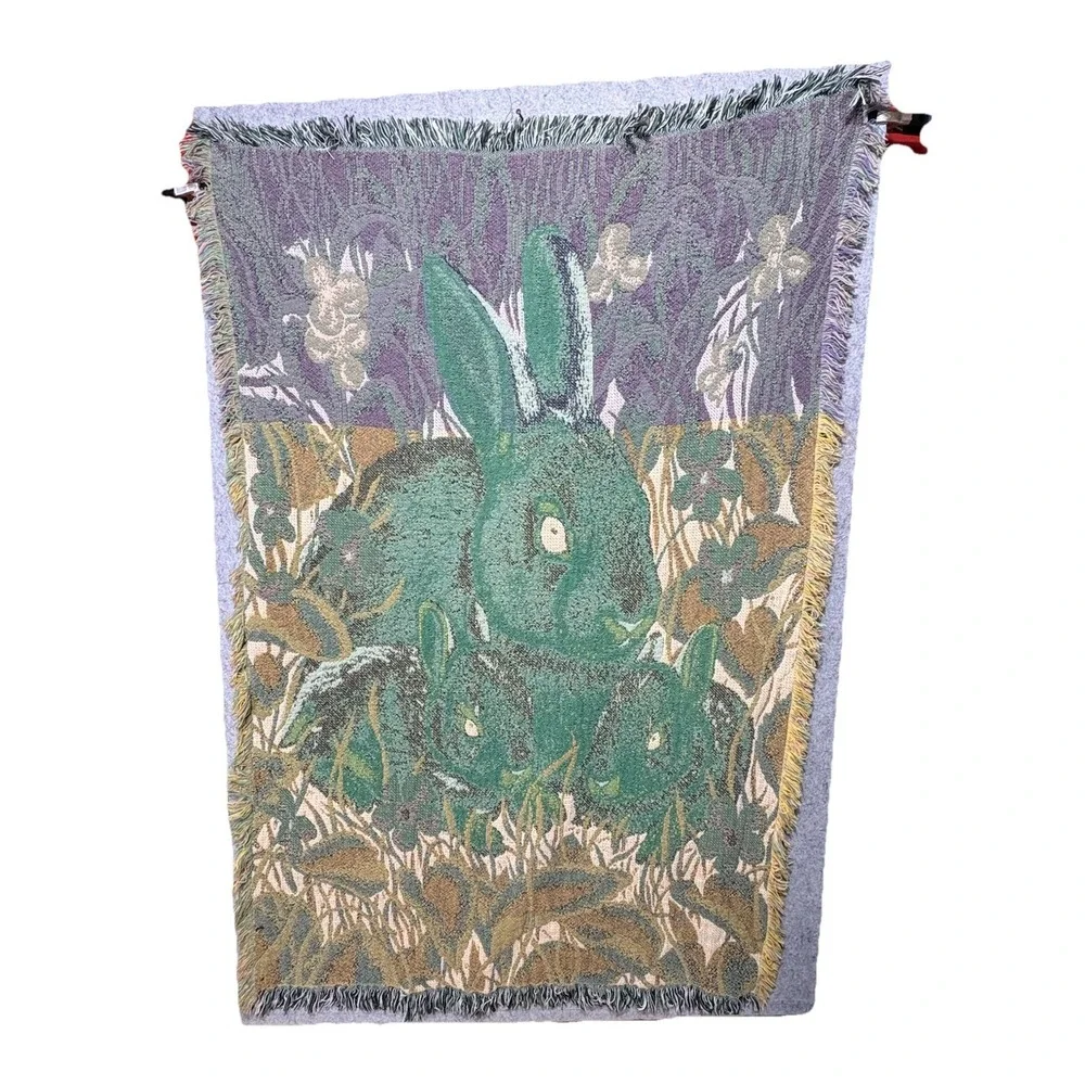 Vintage Woven Bunny Rabbit Tapestry Throw Blanket Fringe Easter Cottagecore